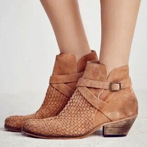 Free People Tan Suede Woven Ankle Booties